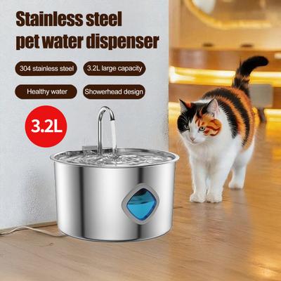 Cat Water Fountain 3.2L Stainless Steel Automatic Pet Fountain with Water Level Window Quadruple Purification Quiet Fountain
