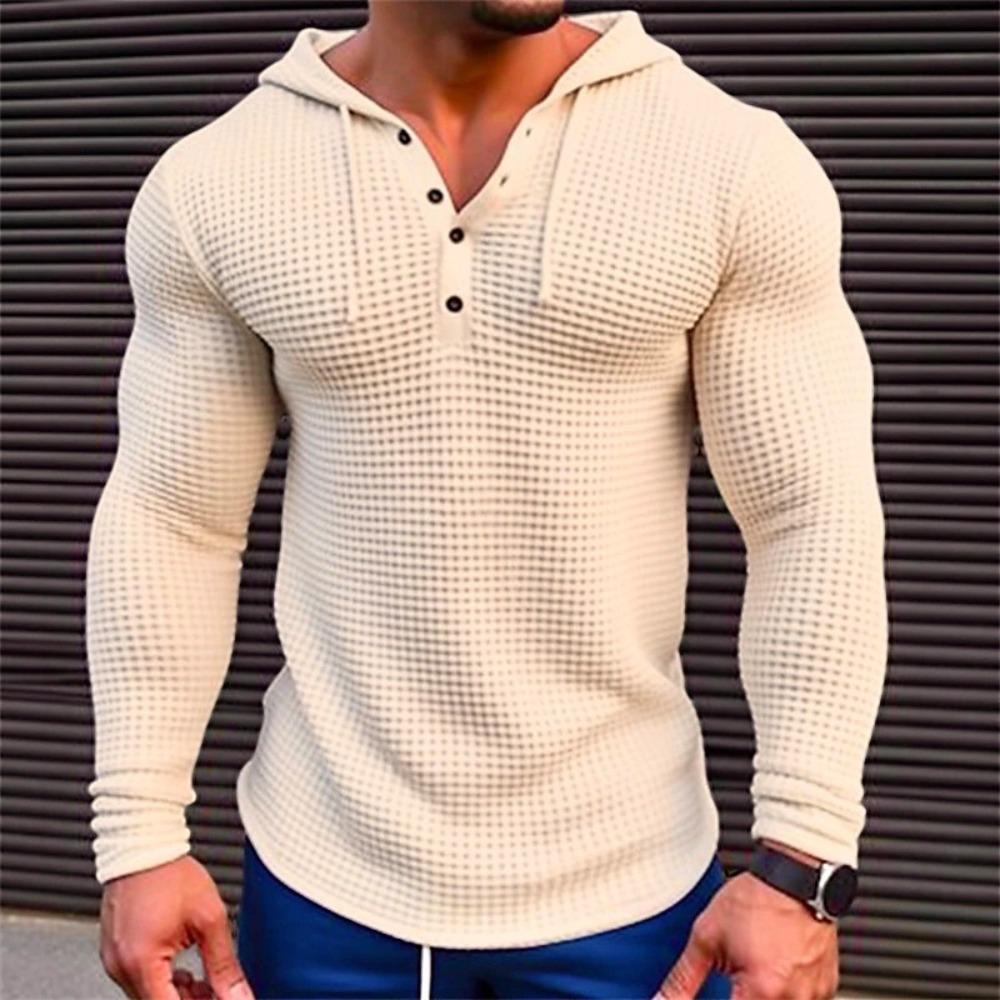 Spring Solid Color Slim Fit Long Sleeved T-shirt Men s Hooded Breathable Sports Top Waffle Cotton Casual Long Sleeved Shirt S