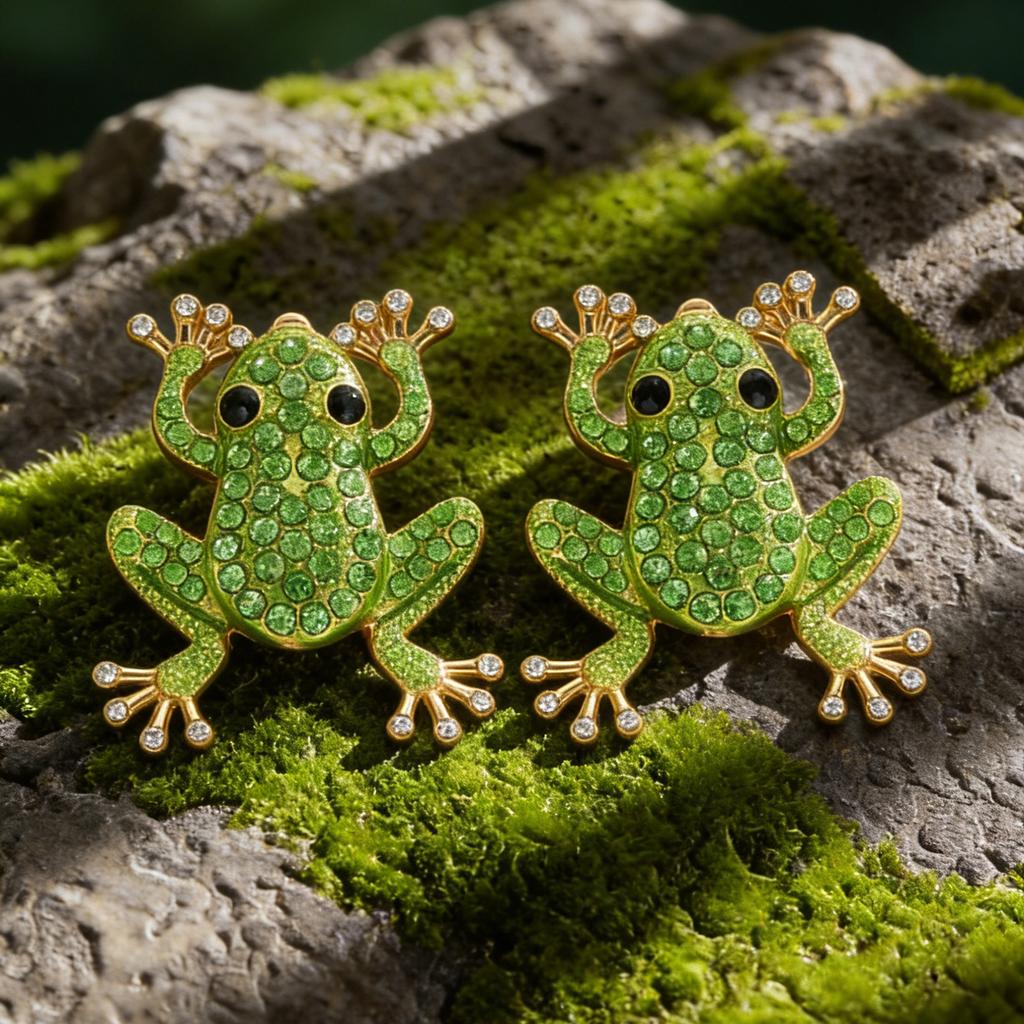 Gold Tone Green Crystal Frog Stud Earrings, Sparkly Animal Statement Earrings for Women