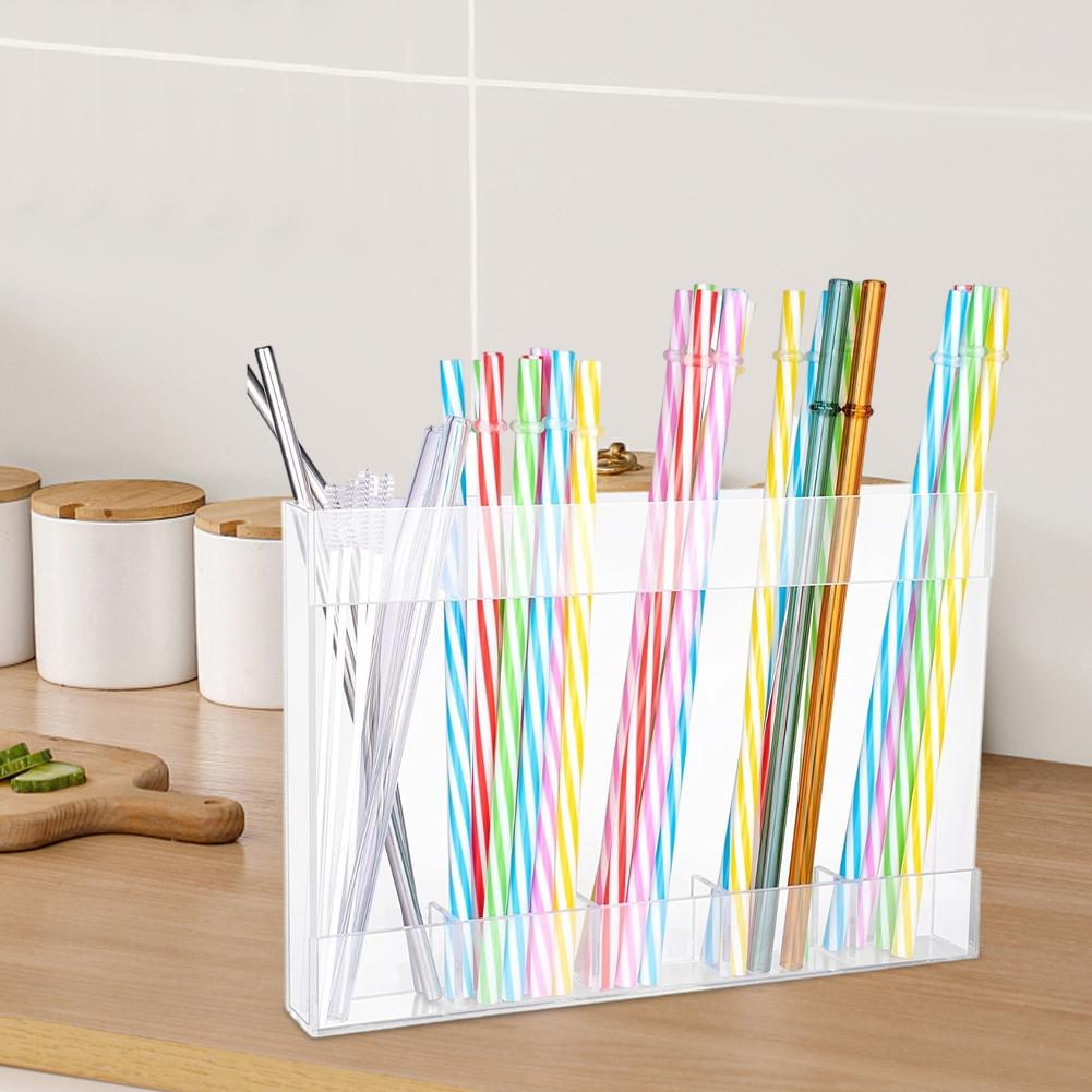 Straw Holder, Transparent Acrylic Straw Dispenser With Double Sided Stickers 24*16.5*2.5cm Kitchen Drinking-utensils Storage
