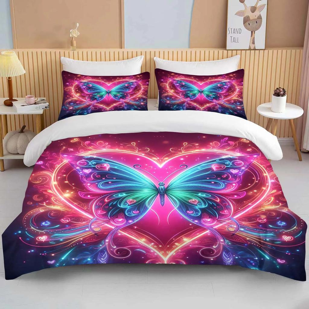 Neon Romantic Butterfly Roses Print Bedding Set Duvet Cover 1 Duvet Cover 2 Pillowcases Adult and Children Bedding Set Luxury