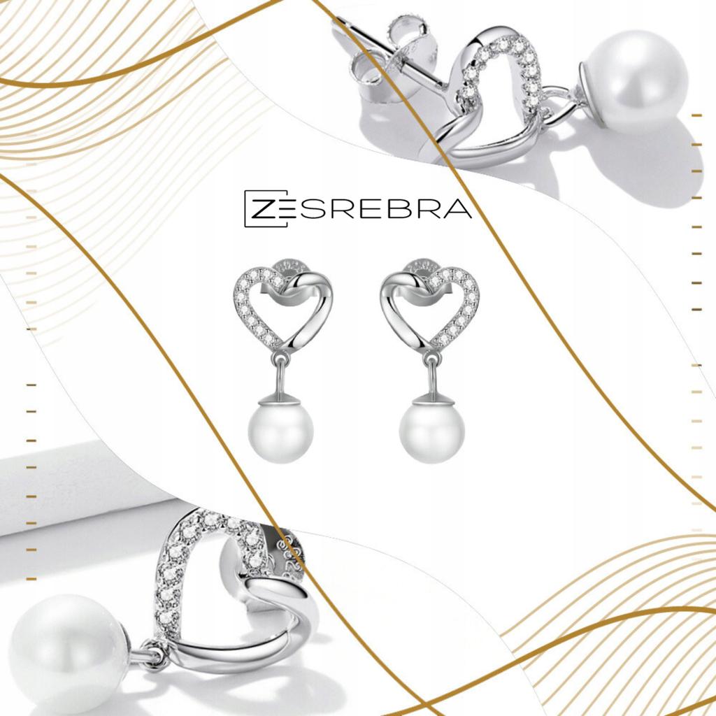 Heart Earrings With Pearl And Cubic Zirconia S925 Hanging Long Movable