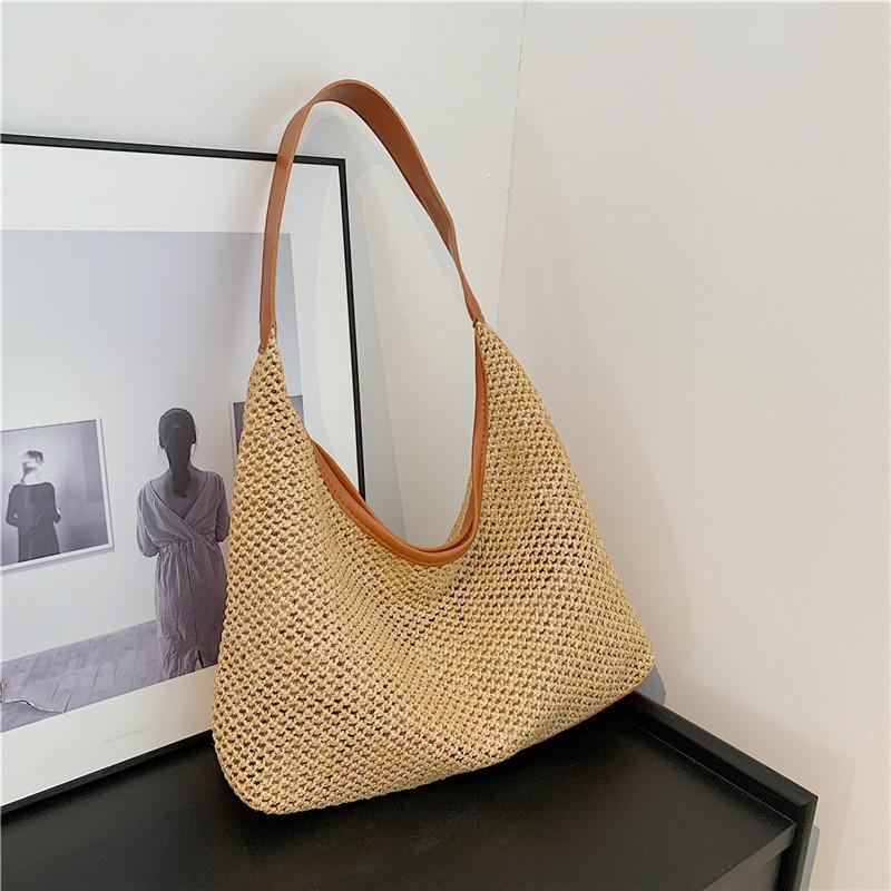 Straw Bucket Bag for Women Handwoven Woven Shoulder Bag Casual Underarm Tote Large Capacity Solid Color for Vacation and Daily Use