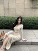 Elegant V-Neck Long-Sleeve Pleated Dress - Slim-Fit, Waist-Cinching Mid-Length Skirt for Women