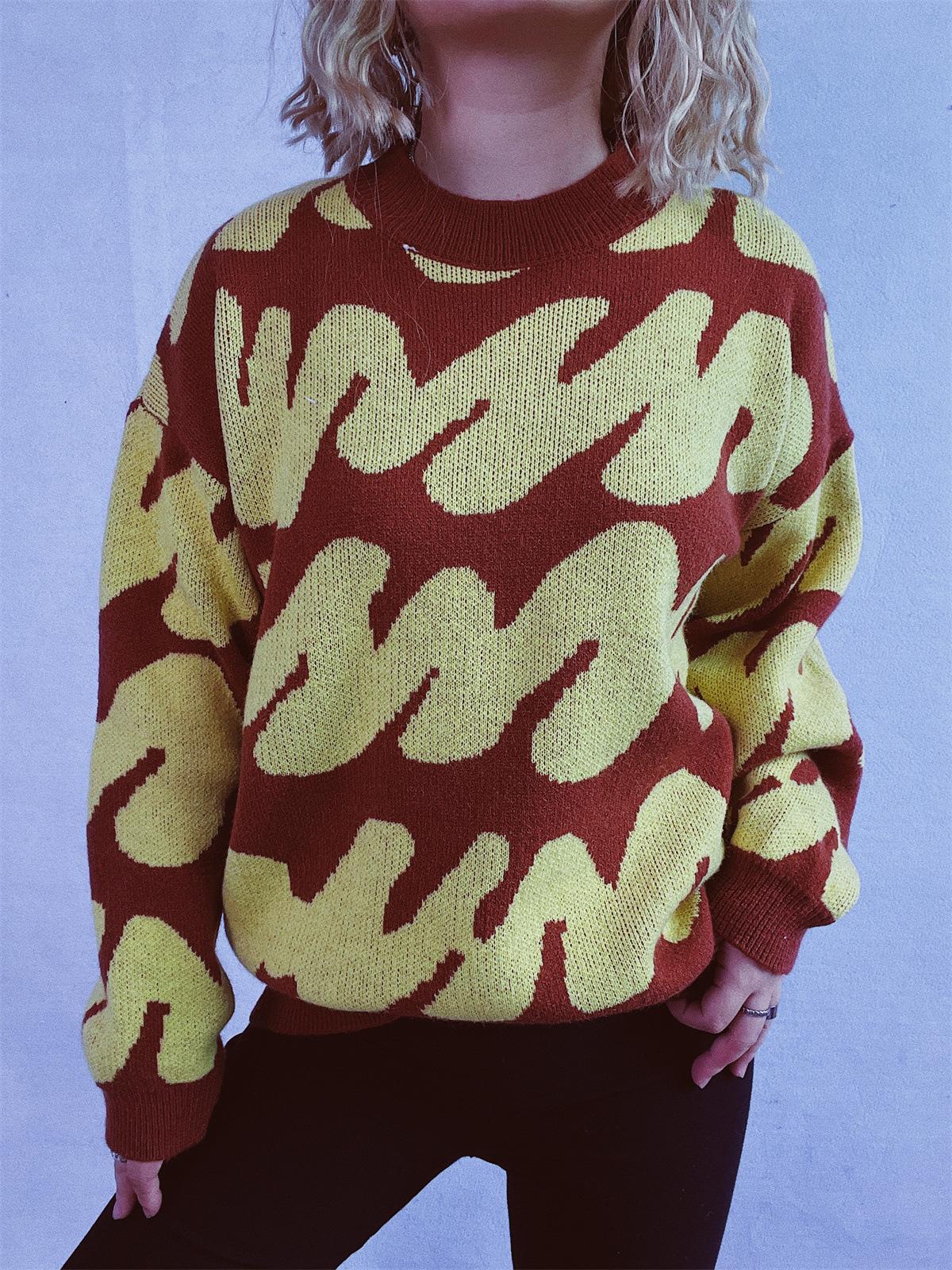 Новый свитер-пуловер женский толстый круглый вырез волнистый полосатый вязаный свитер верх XL 2149₽