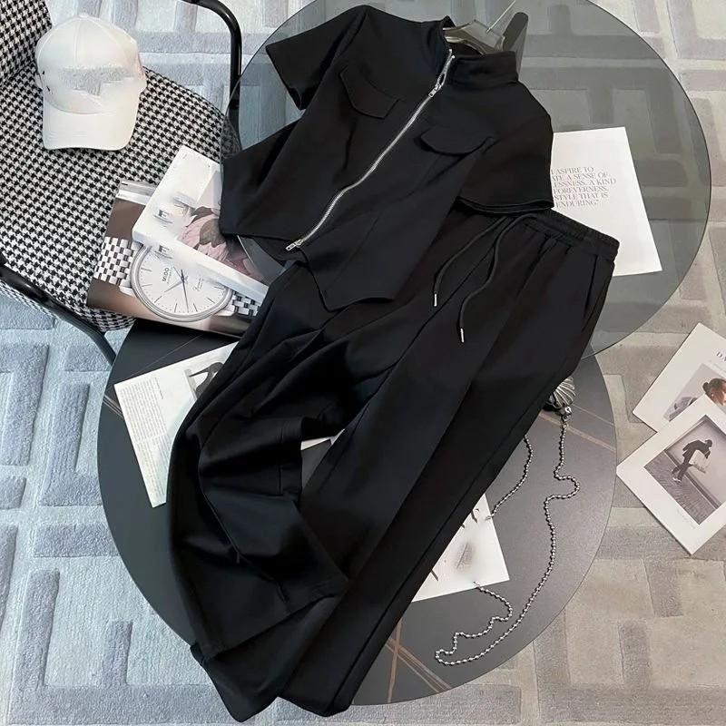 

Летний модный женский спортивный повседневный костюм с короткими рукавами и расклешенными брюками, комплект из 2 предметов, уменьшающий возраст S чёрный