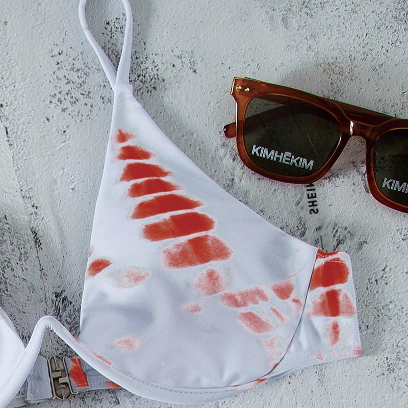 Baddräkt Kvinnors delade tredelade Print Halter Neck Dragsko Bikini Set