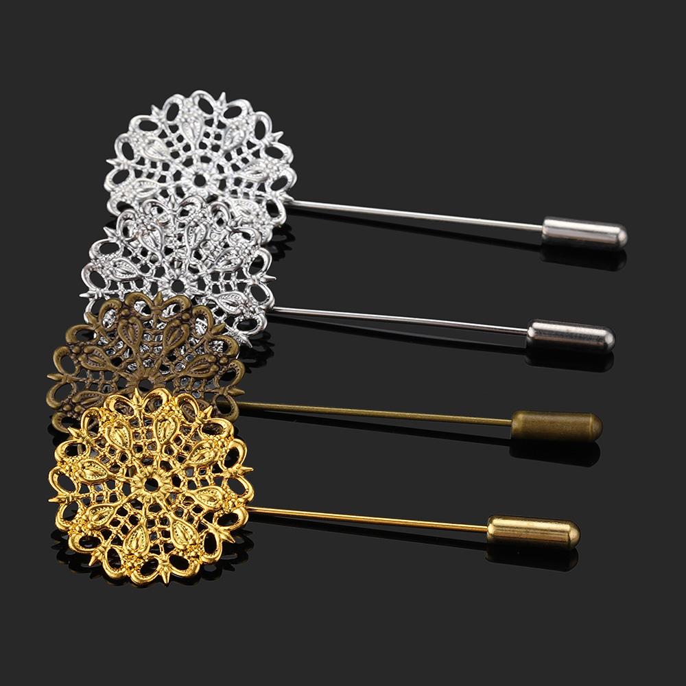 5pcs 25mm Brooch Filigree Flower Pin Base Boutonniere Hollow Out Stick Base Setting Lapel Brooch for Wedding Jewelry Making DIY