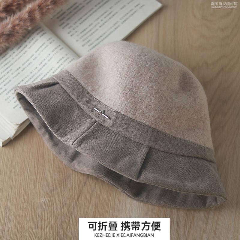 Autumn and winter new bucket hat women's pleated brim versatile wool blend winter warm temperament elegant basin hat
