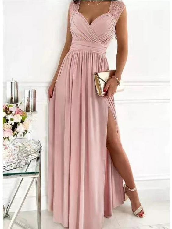 Women's Sleeveless Lace Dress with Open Back and Slit Hem