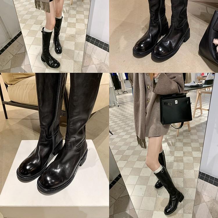 Su Yinyin Has the Same Manchester Winter Washed Horse Leather Retro Thick Heel Buckle with High Boots, Female Knight Boots, Long Boots.