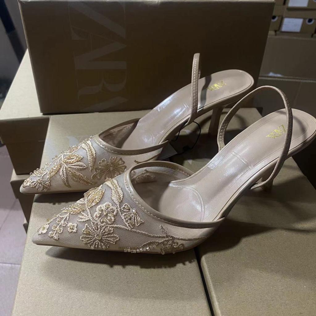 Ladies Flower Mesh Open Heel Sandals Shoes Sexy Designer High Heel Pointed Toe Stiletto Pumps Mules women sandals