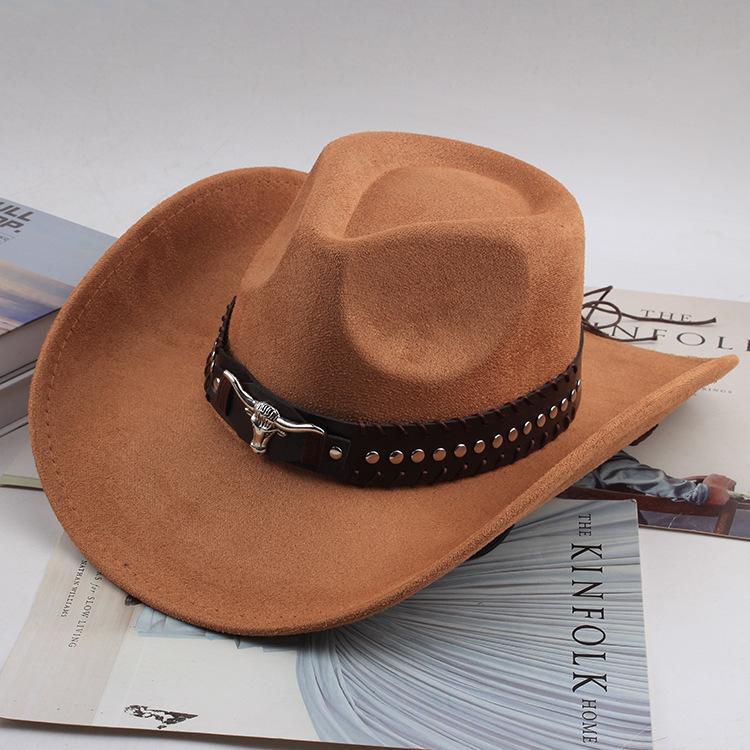 Western Cowboy Style Tibetan Bull Head Accessories Fashion Top Hat Autumn/Winter New Collection Deer Skin Velvet Large Edge Riding Hat