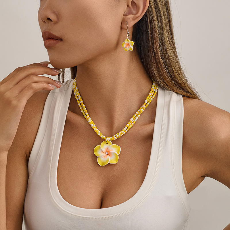 Elegant Colourful Flower Floral Set Earrings Necklace Sweet Braided Necklace Fashion Jewelry