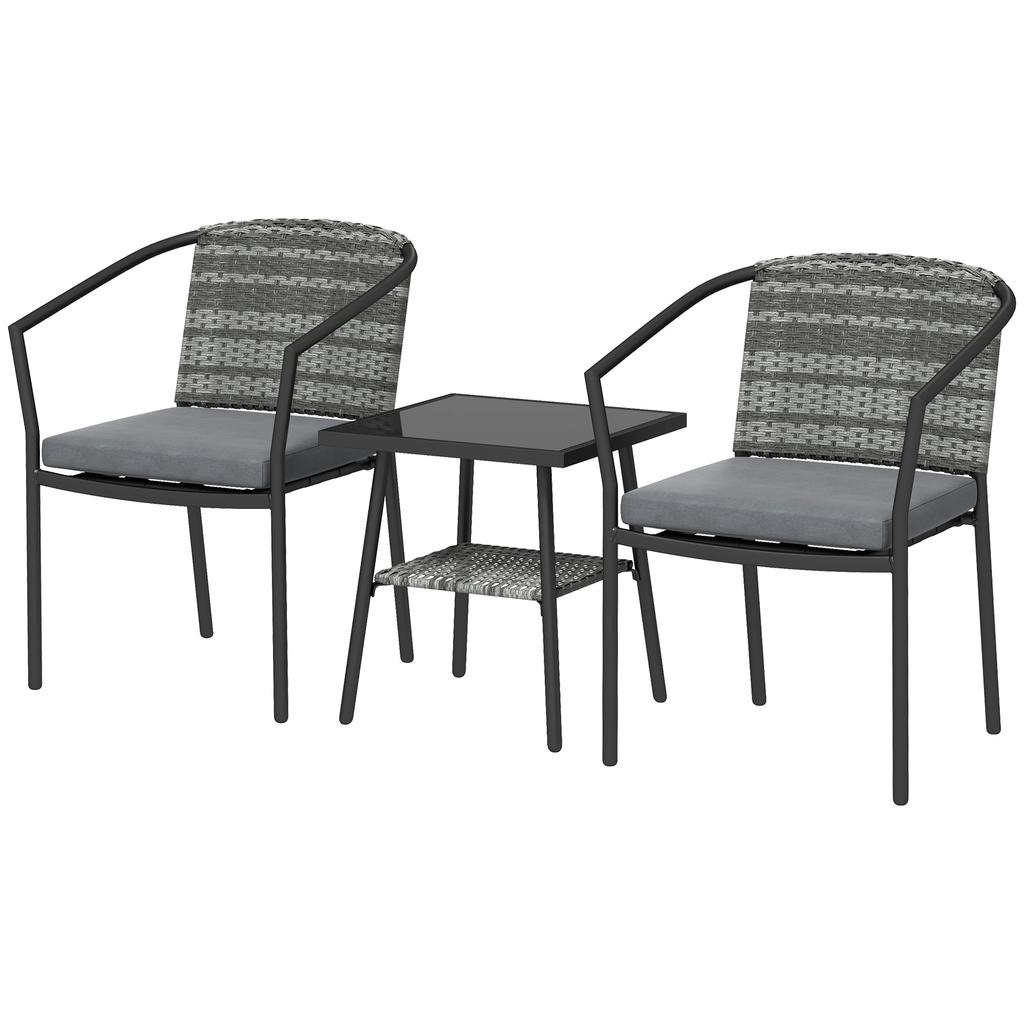 3 Pieces Rattan Bistro Set with Cushions, Wicker Garden Furniture Set, Glass Top Coffee Table and Chairs for Outdoor Patio, Balcony