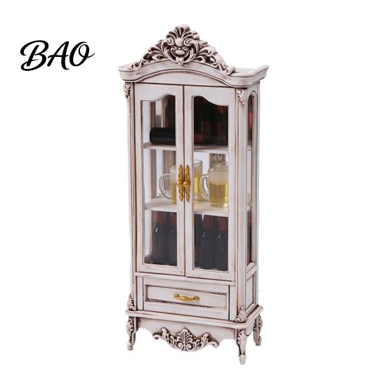 Detailed Miniature Furniture Curio Cabinet, 1/12 Scale Mini Wine Wooden Tiny Display Cabinet with Drawer, Vintage for Doll Mansion Living Room Decor,