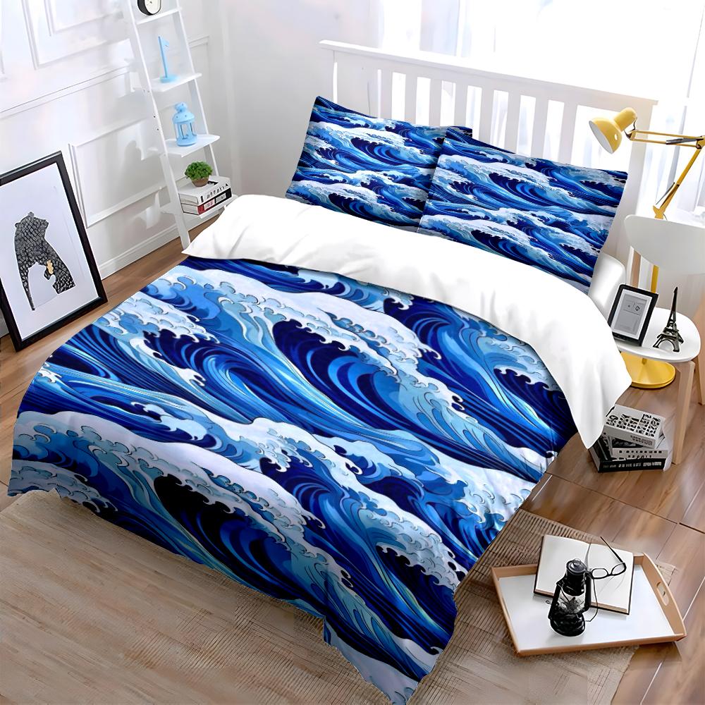 Blue Ocean Wave Print Bedding Set Bedding set (1 duvet cover, 2 pillowcases, duvet not included)