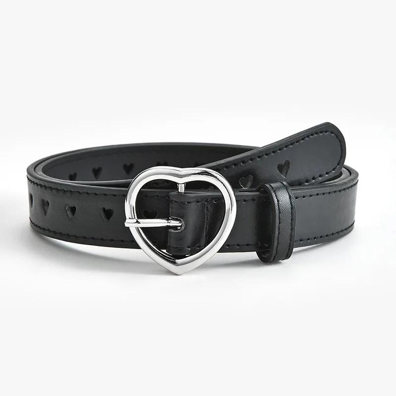 Mango Event PU Lederen Riem Kinderen Leuke Perzik Hart Gesp Riemen Voor Meisjes Effen Tailleband Liefde Hart Oogje Grommet Taille Riem 90cm zwart