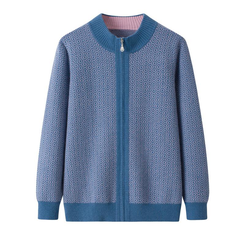 Stylish Thickened Wool Stand-Up Collar Cardigan for Middle-aged & Elderly Moms – Autumn/Winter Loose Zipper Knit Sweater Coat