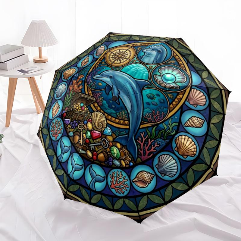 Ocean Treasure Glass Pattern Umbrella, Portable and Foldable Design, 8 Ribs, a Casual Accessory for Halloween, Christmas, and Birthday Gifts.