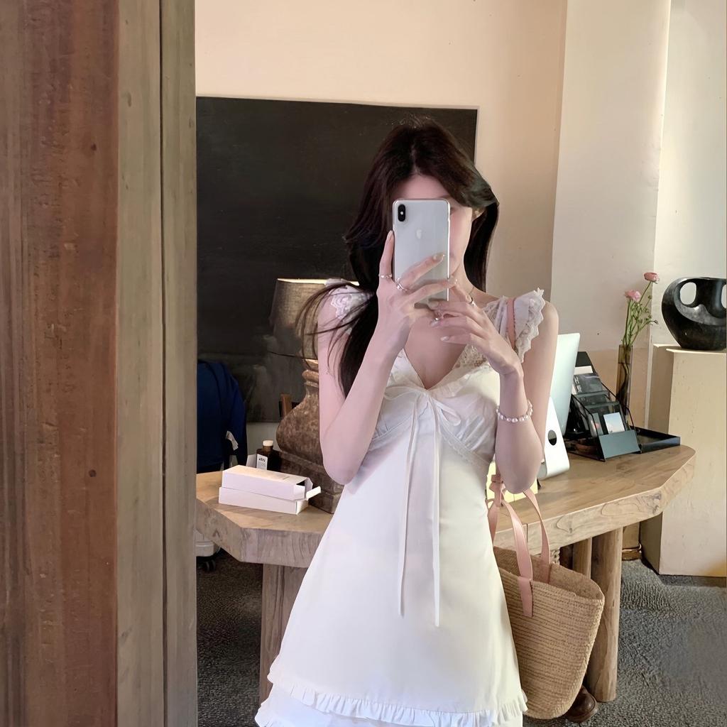 Sweet and Gentle French Lotus Leaf Edge Small Flying Sleeves White Suspender Dress Women's Summer Temperament Thin First Love Small White Dress