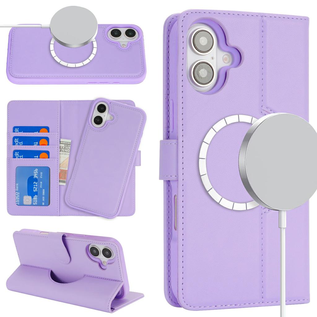 For iPhone 16 Plus Wallet Case Compatible with MagSafe Anti-Drop Detachable PU Leather Phone Cover