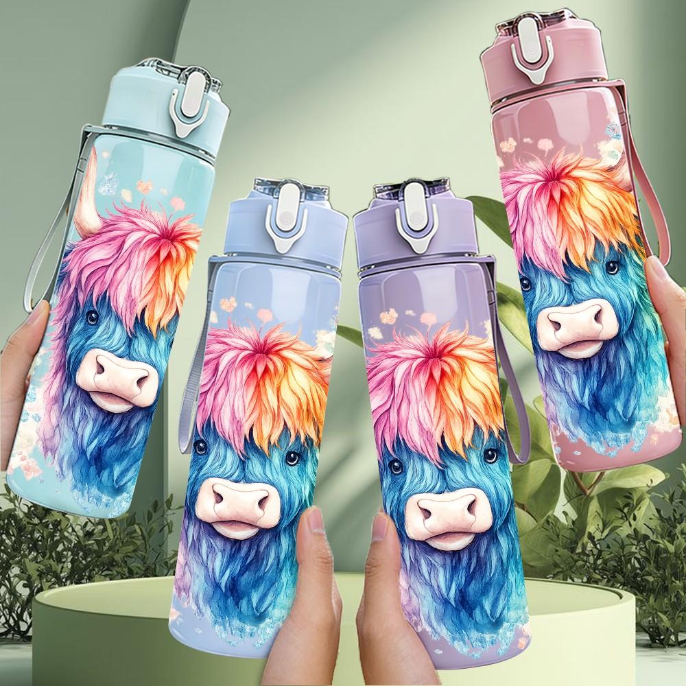 1PC Highland Cow Color Splash Art Print 750ml Color Plastic Sports Water Bottle Leakproof Flip Straw Lid Suitable for Sports Office Home Use