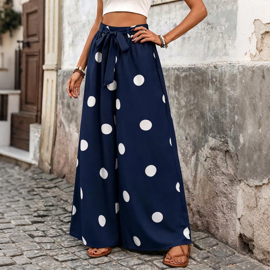 Damen Locker Geschnittene Lässige Weit Bein Hosen Elastischer Bund mit Breitem Gürtel Gepunktetes Muster Bequeme Palazzo Hosen