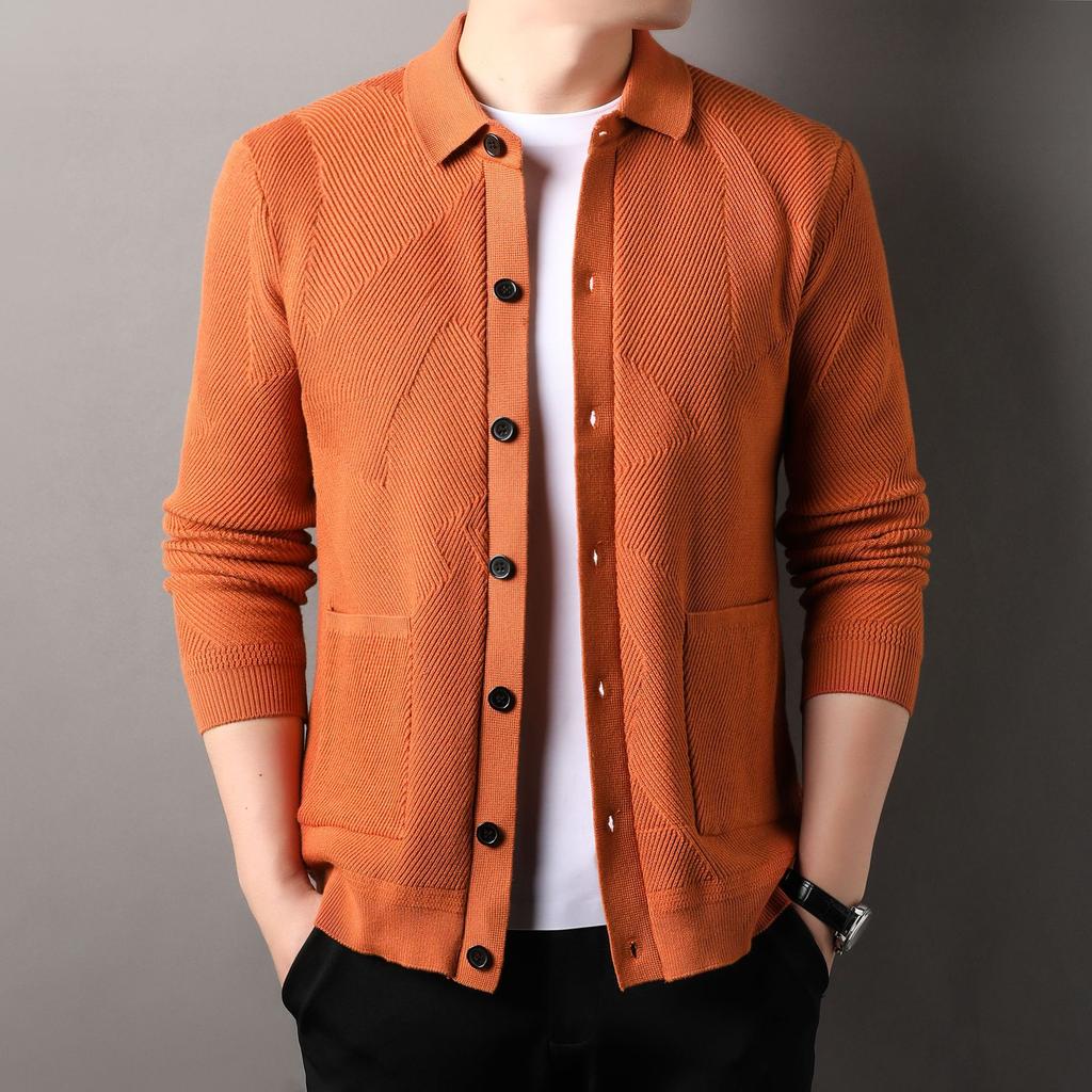 Autumn Men's Fashion Solid Color Lapel Jacquard Knitted Cardigan Jacket