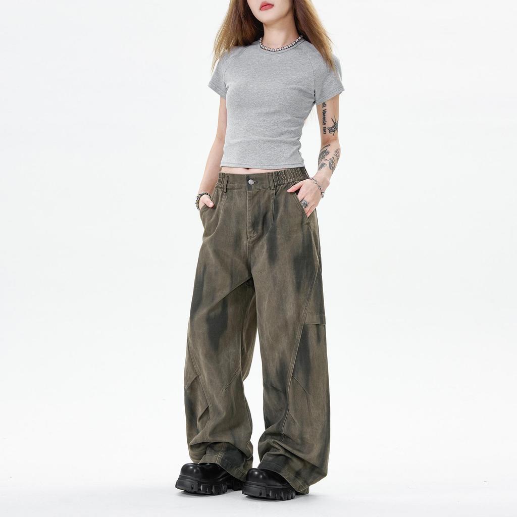 OREETA Tie-Dye Gradient Curved Leg Cargo Pants: Casual Wide Leg Streetwear In Pure Cotton