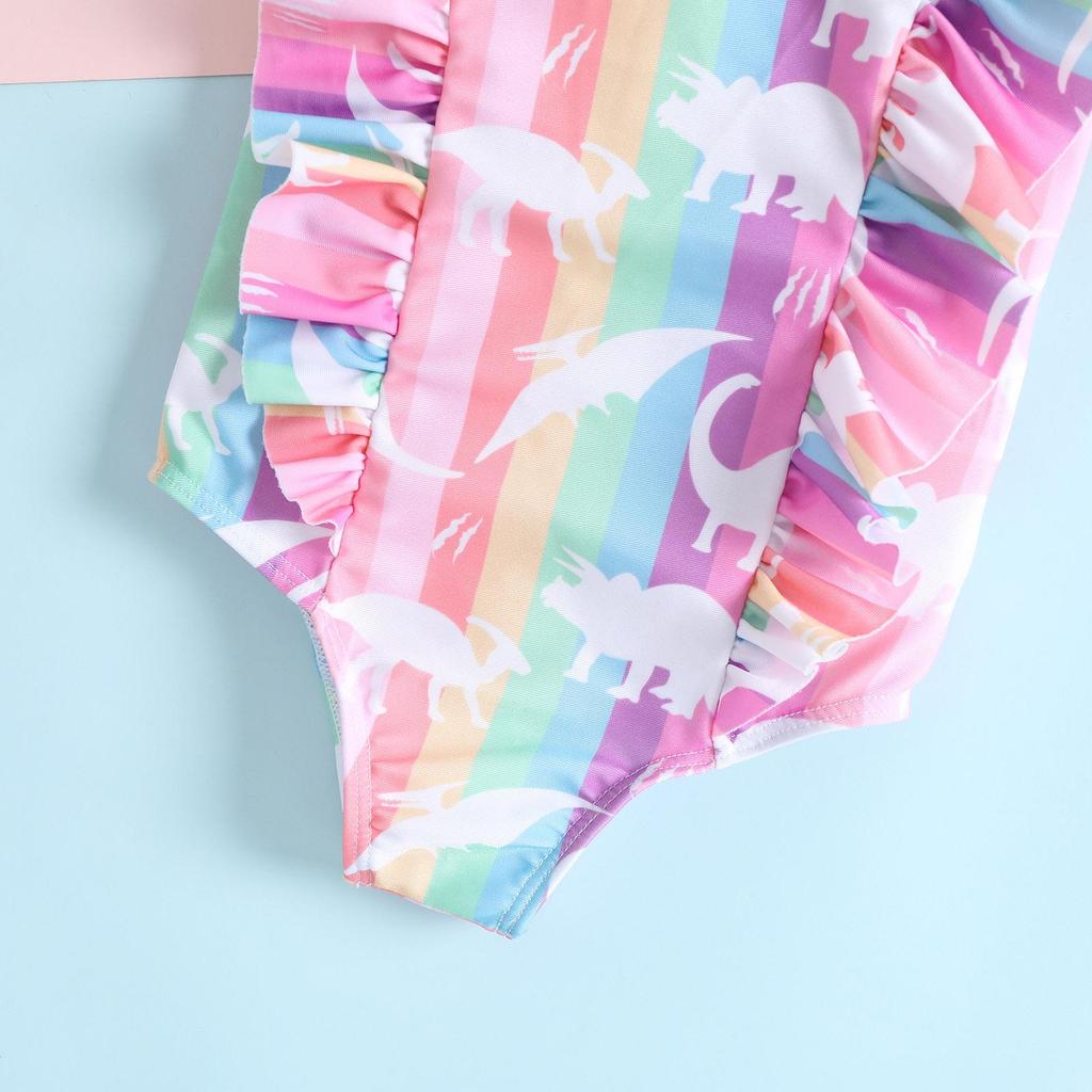 Girls' Rainbow Dinosaur Ruffled One-Piece Swimsuit