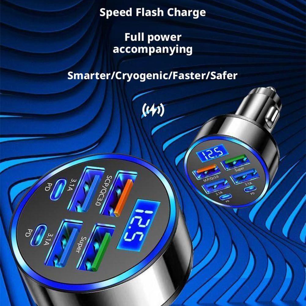 NEW 6Port PD Car Charger QC3.0 Fast Charge Car Cigarette Lighter Plug Car Charger Flash Charge with Digital Display 4USB+2PD
