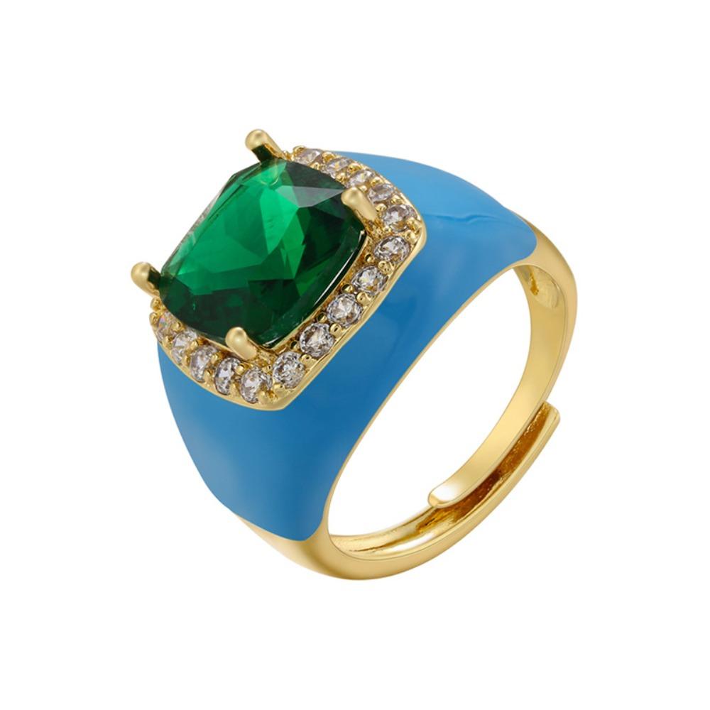 Gold Plated Zircon Open Ring Multicolor Geometric Square Ring Enamel Dripping Oil Ring  For Women
