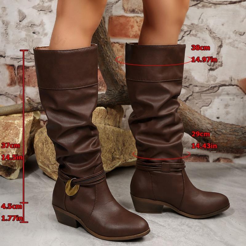 Damen Vintage Braune Lange Western Cowboy Stiefel 2026 Winter Komfort Dicke Ferse Kniehoch Schwarze Stiefel Metallschnalle Große Größen 36-43