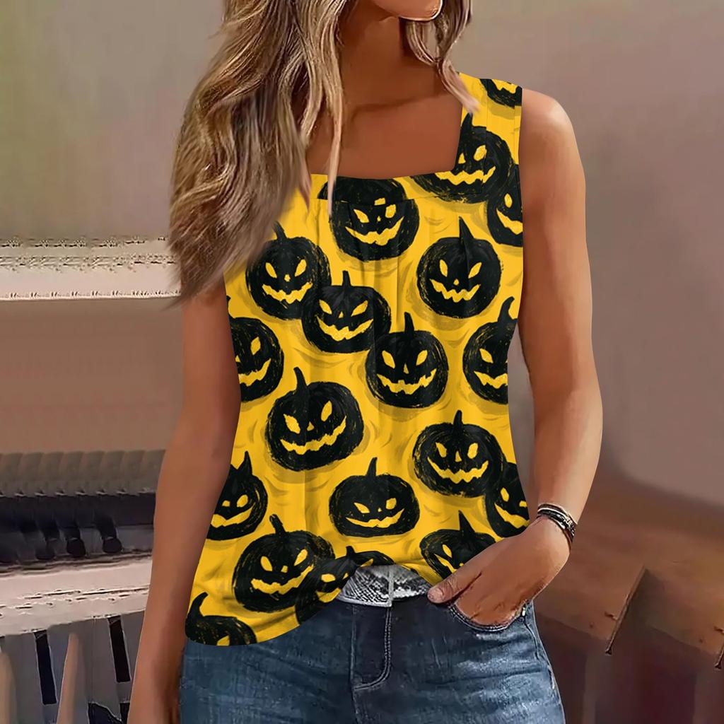 Women Sleeveless Tank Top Square Neck Ruched Halloween Print Casual Summer Blouse Lightweight Comfortable Fit