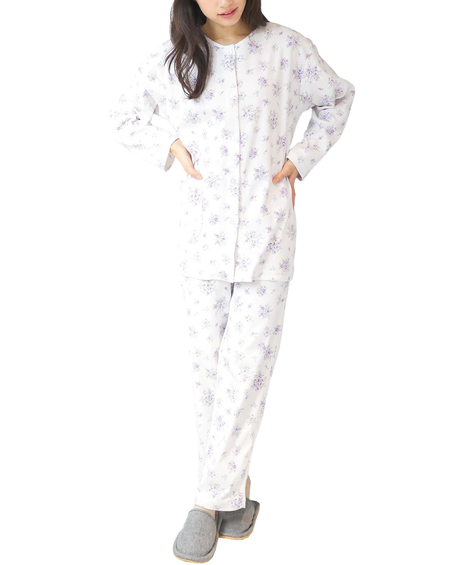 

Nishiki Сделано в Японии Гладкий длинный топ спереди и длинные брюки для дома на весну и осень Женская пижама, Япония, Сшито, 100% хлопок, фиолетовый