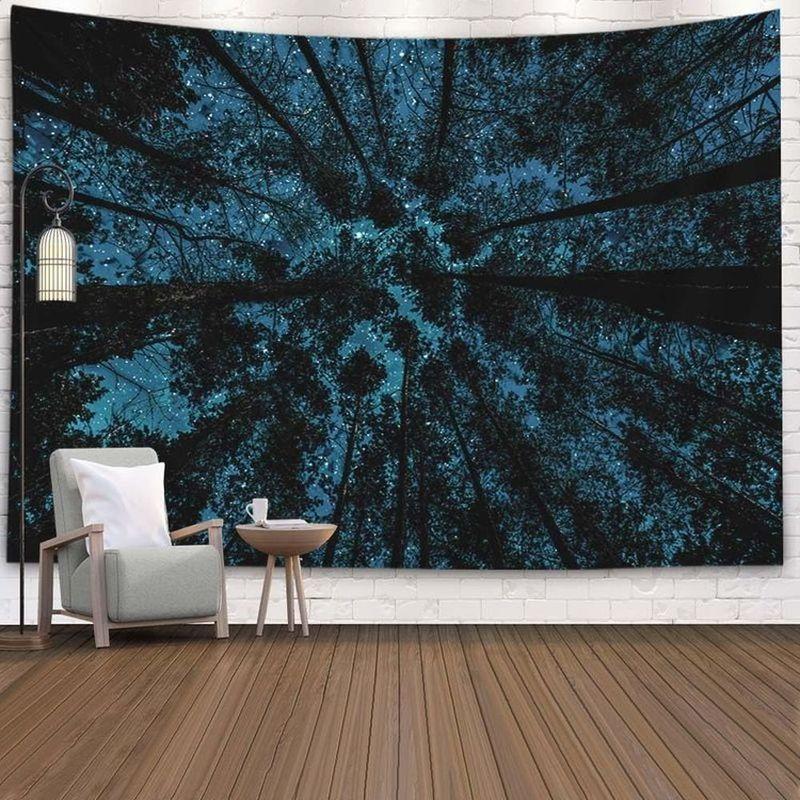 Looking Up Forest Starry Night Sky Wall Tapestry Tall Pine Tree Blue Cosmic Nature Landscape Scenery Bedroom Living Room