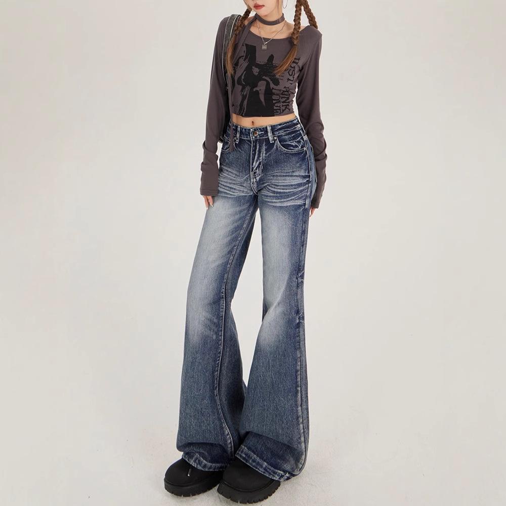 Women's 2025 High-Waist Retro Micro-Flared Jeans for Autumn/Winter – Loose American High-Street Style.