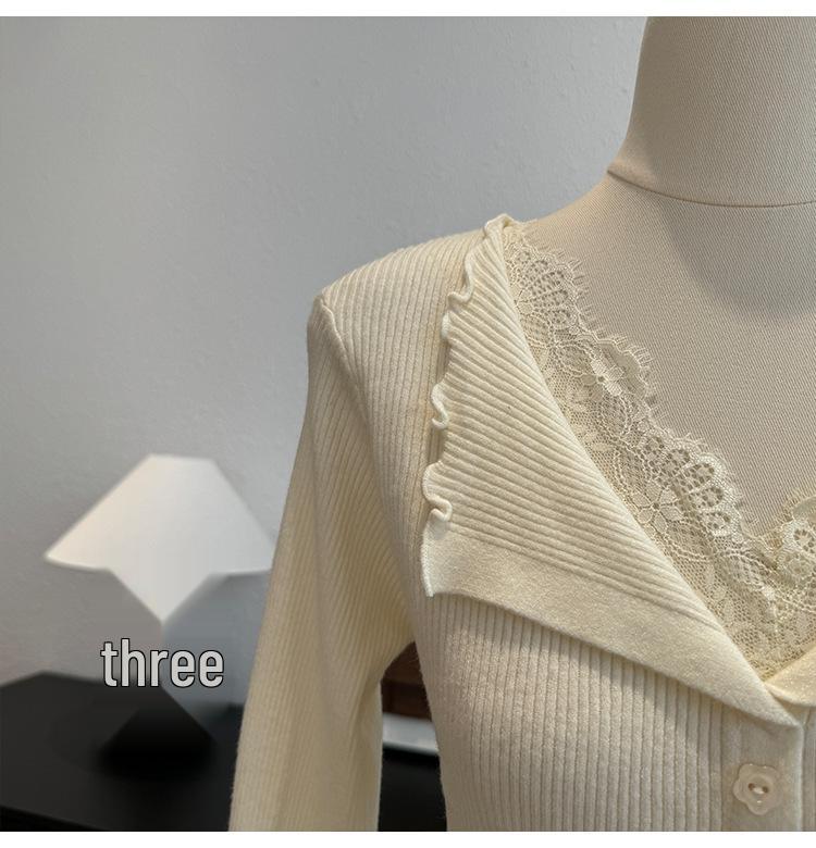 French Lace Patchwork V-neck Knit Cardigan for Women - Slim Fit Autumn/Winter Top