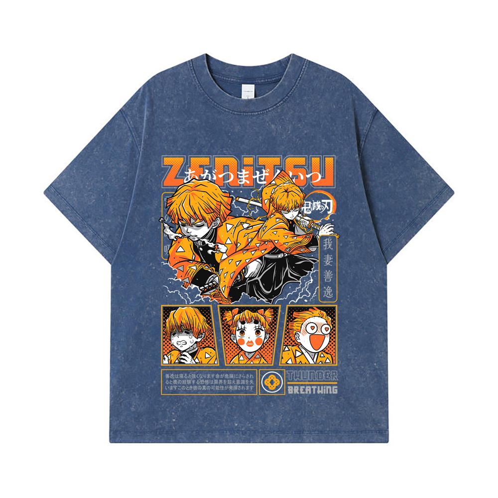 

275 GSM Washed T-shirts 100% Cotton Demon Slayer V68 Zenitsu Print Unisex Heavy Cotton T Shirt 2XL королівський синій колір