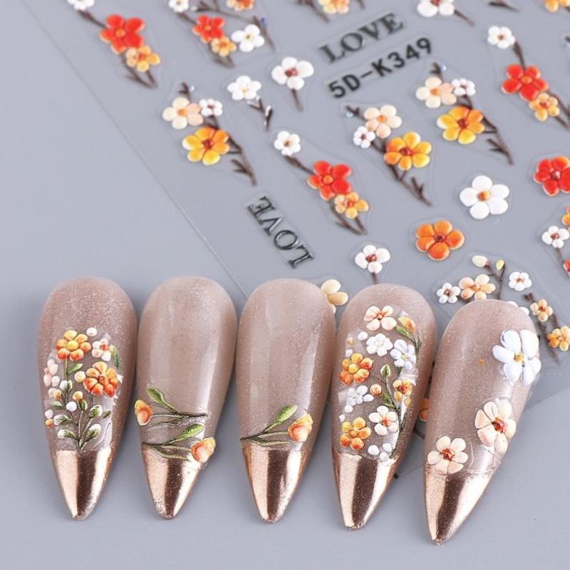 5D  Daisy Embossed Nail Stickers Colorful  Fresh Floral Designs Five-Petal Flower Self-Adhesive Diy Nail Art Decals Decorations