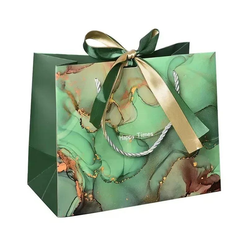 Large Marble Tote Bag with Green Gold Ribbon Bow Durable Storage Shopping Bag for Wedding Birthday Party Bridesmaid Gift Use