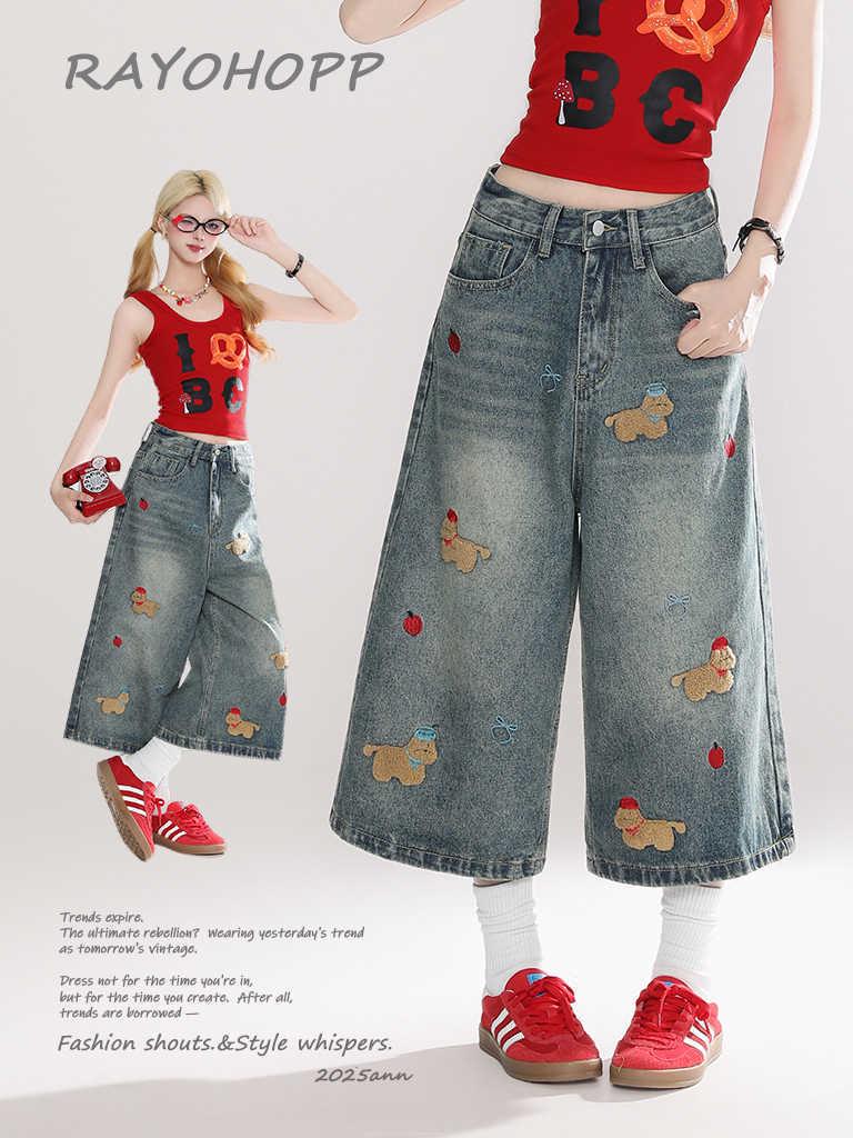 Women's Retro Cute Embroidered Puppy Chenille Denim Shorts - 2025 Summer Seven-Point Loose Fit