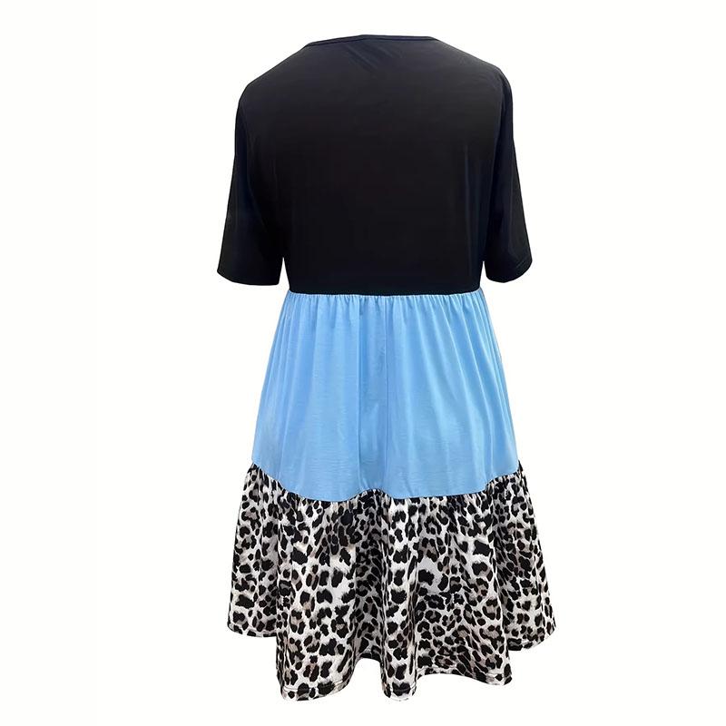Fashionable Women's Leopard Print Tri-Color Patchwork Crew Neck Short Sleeve Dress