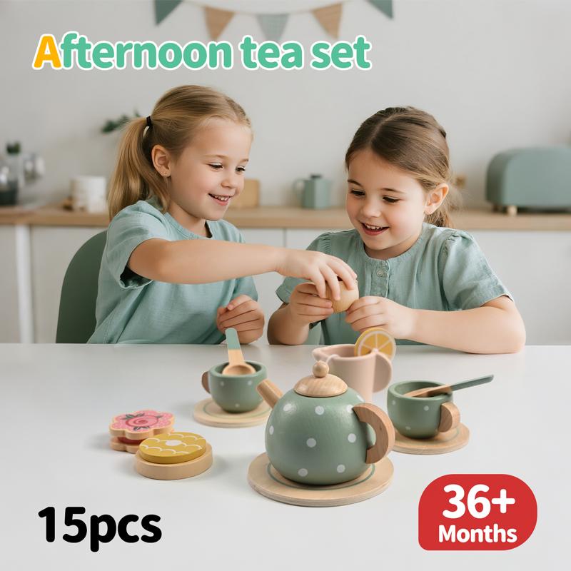 15PCS Wooden Afternoon Tea Set for Kids Pretend Play Kitchen Toys Early Educational Toys Role Play Game for Boys & Girls