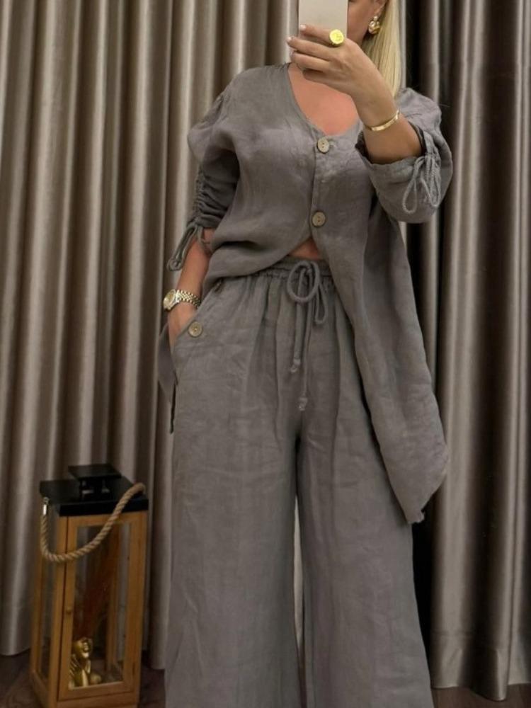 Women's V-Neck Button Down Cardigan and High Waisted Wide Leg Pants Set, Long Sleeve Tie Waist Top with Pockets, Solid Color Casual Loungewear