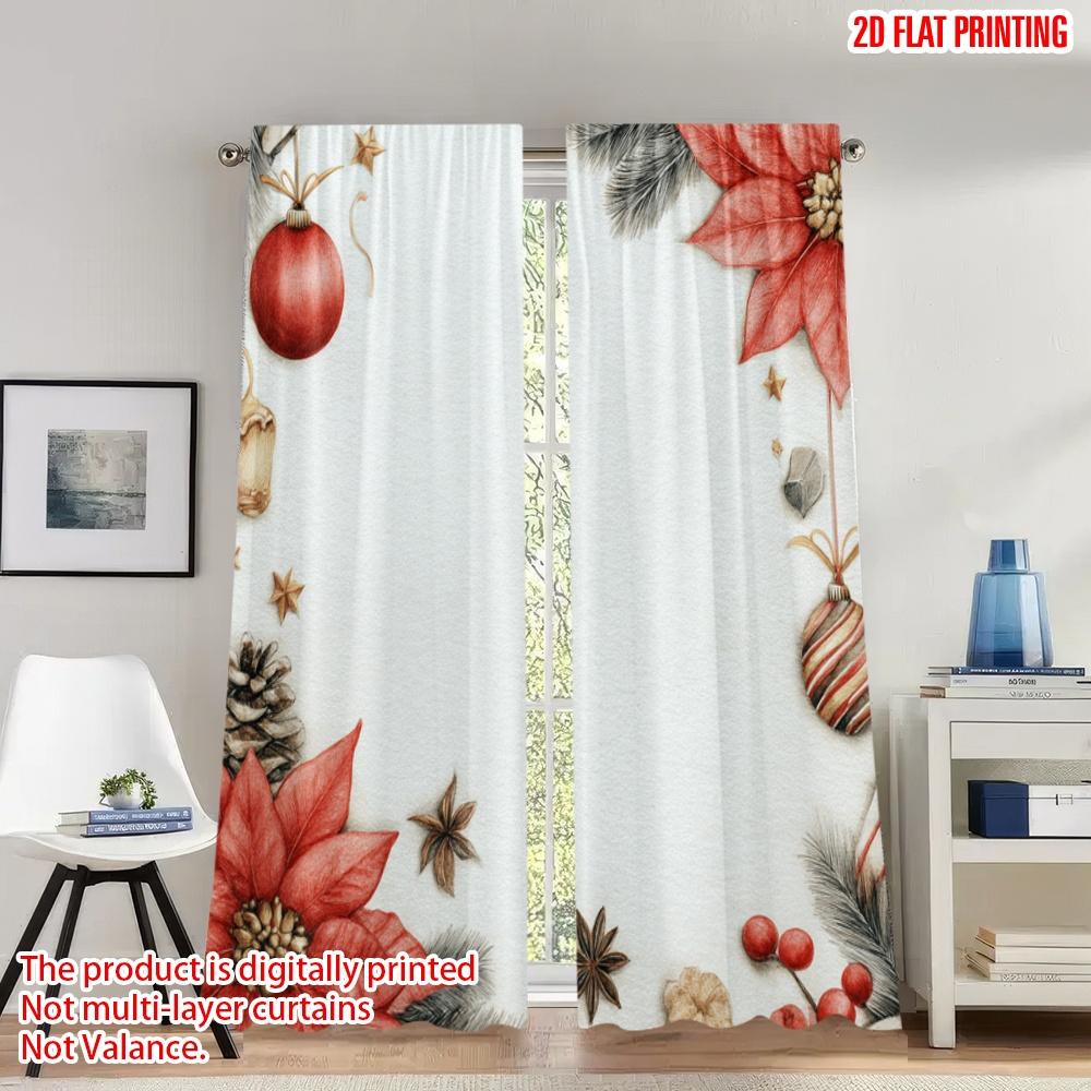 

Set Of 2 Flat Printing Fashionable Christmas Curtains Poinsettia Border Wreath Digital Printed Polyester Drapes Festive Curtain W100*H70(CM)-Rod Pocket&2PCS
