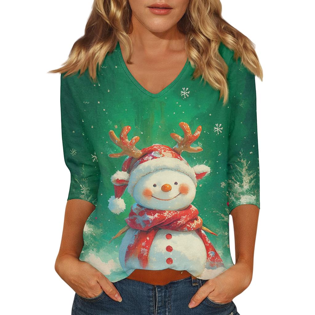 Dámský vánoční potištěný módní ležérní top se sedmiosminovými rukávy a výstřihem do V