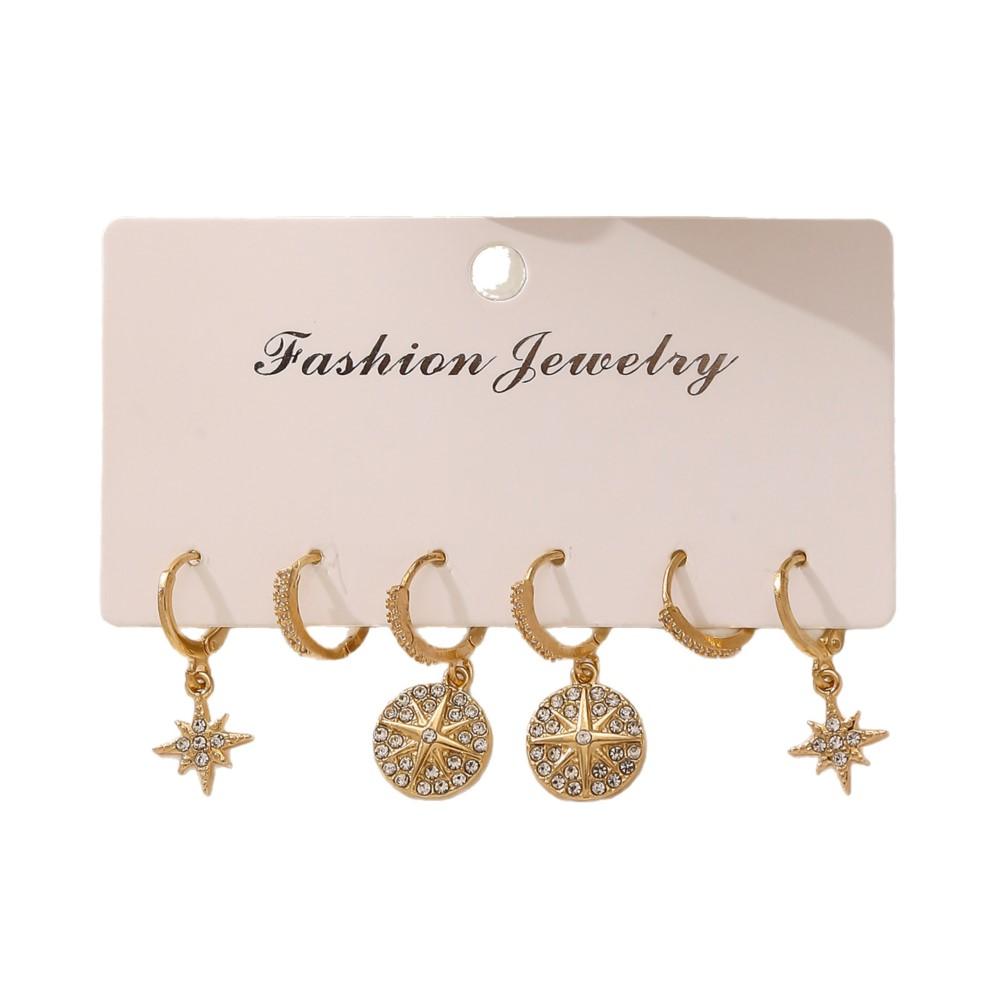 3 Pairs/Set Golden Star Design Shiny Rhinestone Inlaid Dangle Earring for Women Eleagnt Luxury Female Jewelry Gifts