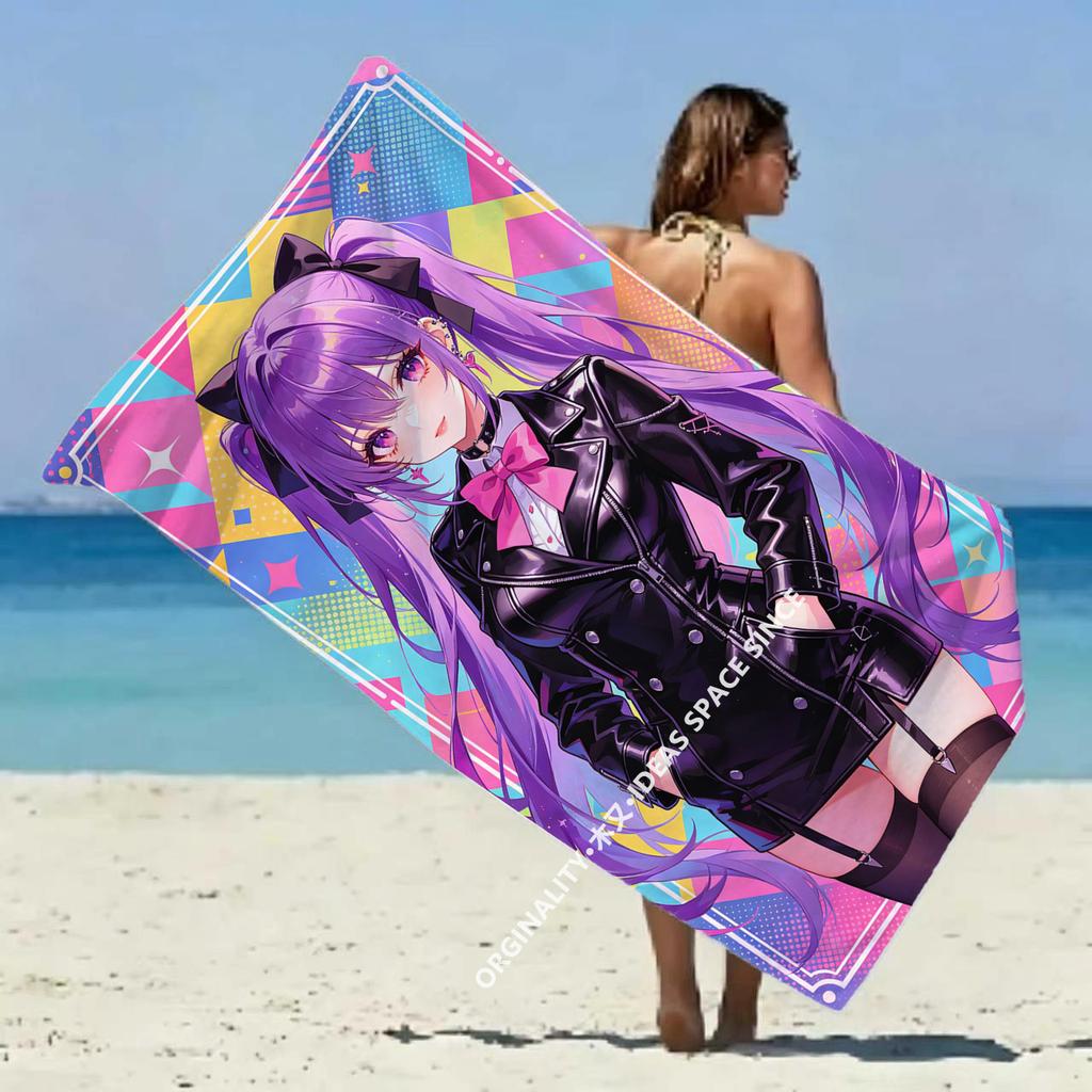 Y2K Purple Anime Girl Beach Towel Patterned Sunscreen And Windproof Suitable For Swimming Pool Camping Travel Blanket
